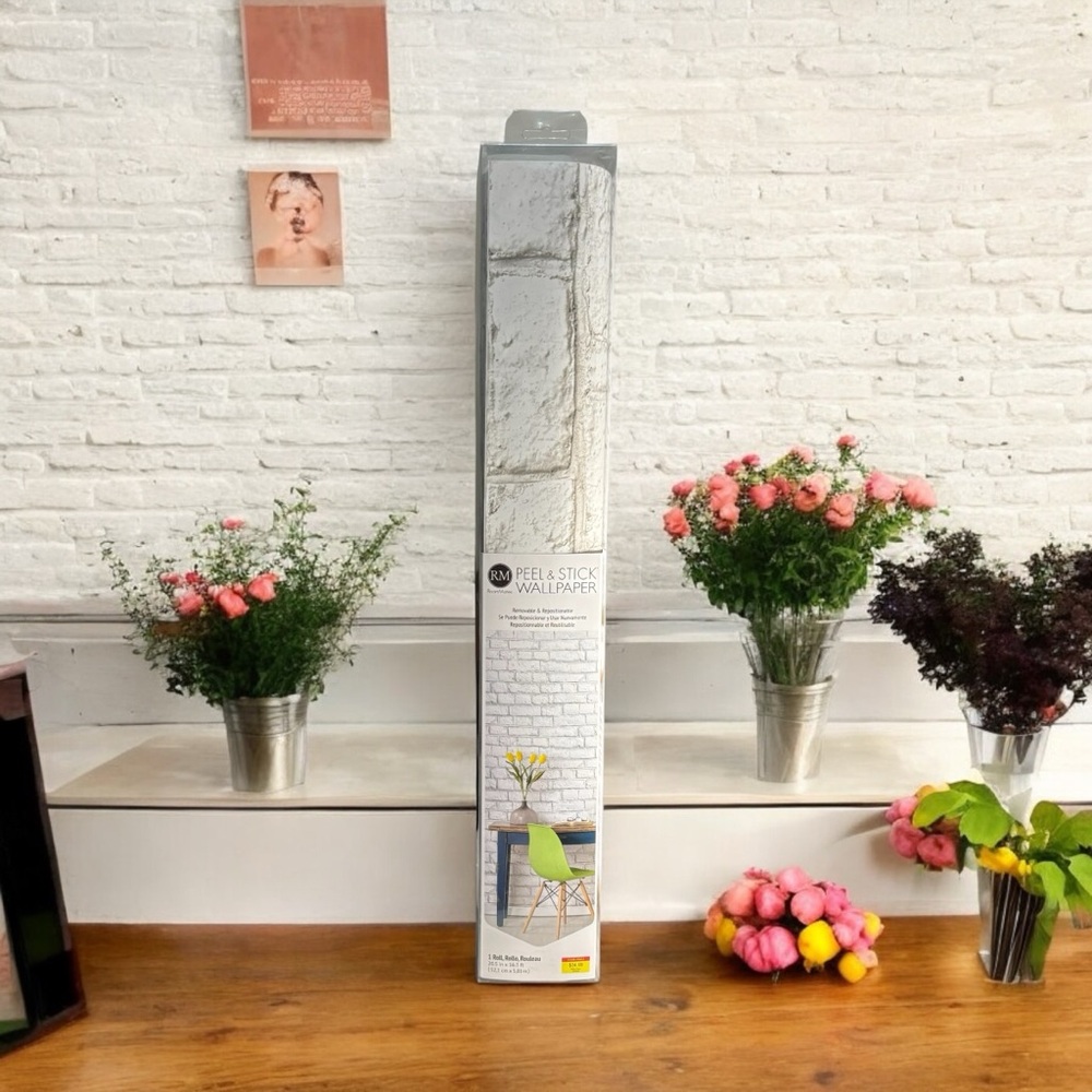 RM RoomMates Peel & Stick Wallpaper- White Gray Brick Wall- 1 Roll- Removable &